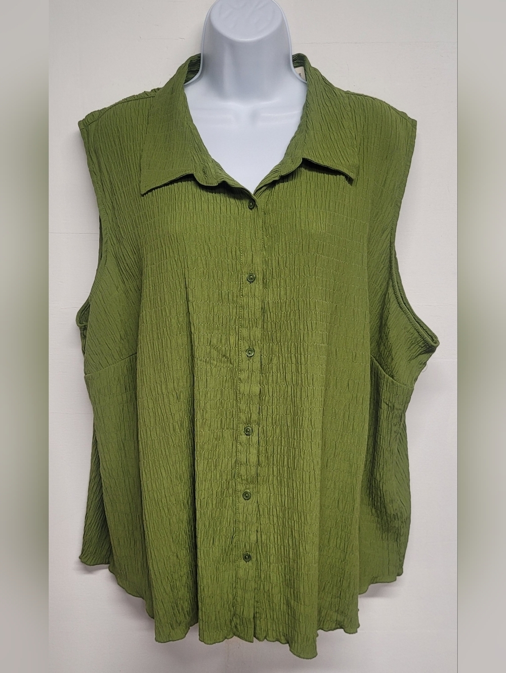 Croft & Barrow 3X Top Button Down Ruched Collared Sleeveless Green